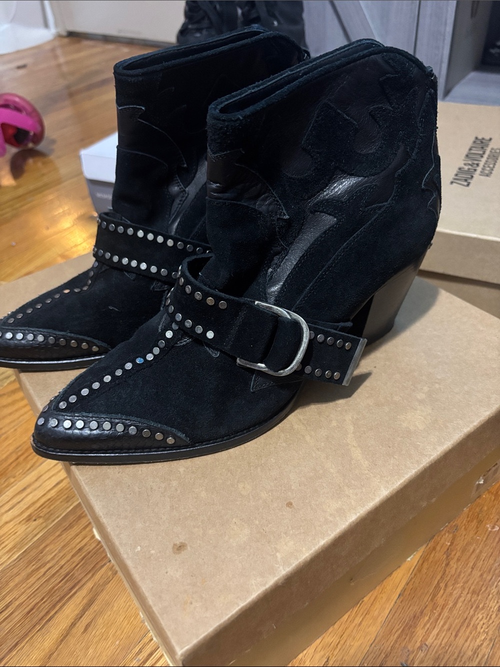 Zadig & Voltaire Cara Black Studded Suede Western Booties- 40